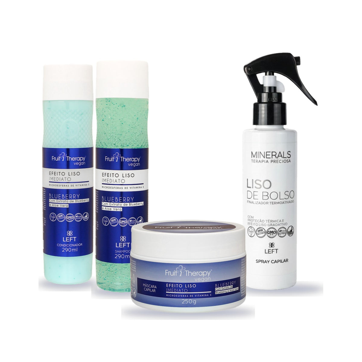 Kit Liso Alinhado: shampoo, condicionador e máscara Blueberry com o Liso de Bolso
